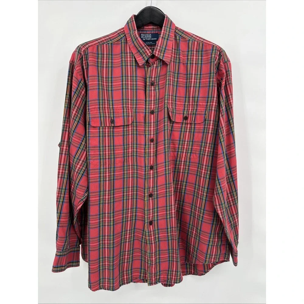 Polo Ralph Lauren VTG‎ Men's Cotton/Lyocell Work Shirt Pink Plaid Size XL